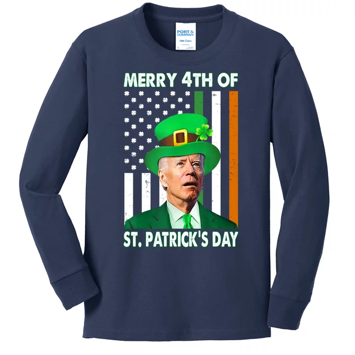 Merry 4th Of St Patrick's Day Confused Joe Biden Funny Kids Long Sleeve Shirt