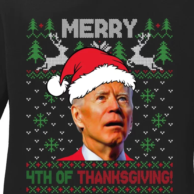 Merry 4th Of Thanksgiving Funny Joe Biden Christmas Ugly Sweater Ladies Long Sleeve Shirt