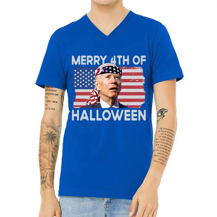 Merry 4th Of Halloween Confused Biden 4th Of July Cool Gift V-Neck T-Shirt