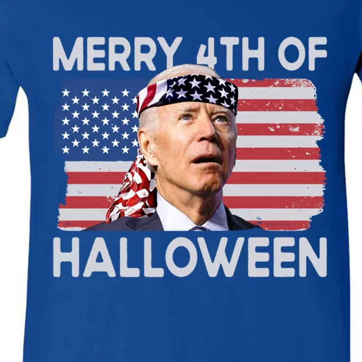 Merry 4th Of Halloween Confused Biden 4th Of July Cool Gift V-Neck T-Shirt