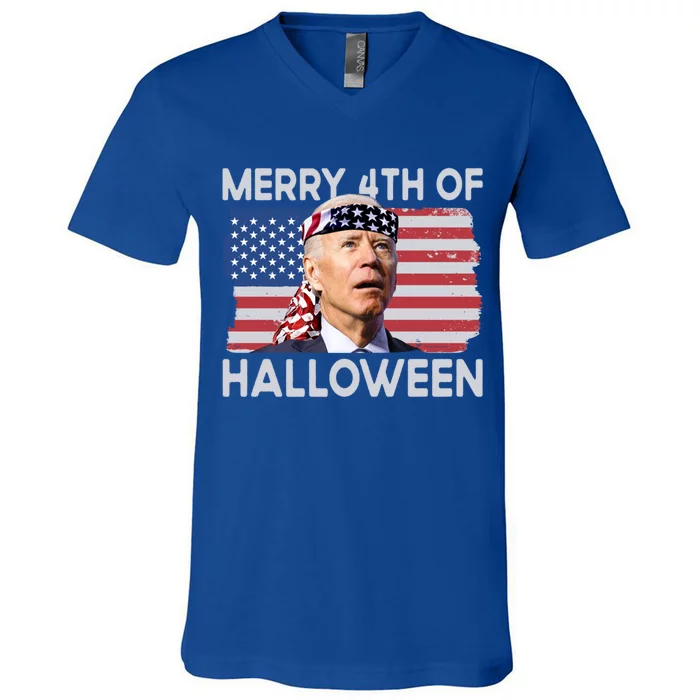 Merry 4th Of Halloween Confused Biden 4th Of July Cool Gift V-Neck T-Shirt