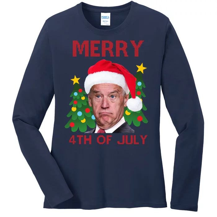 Merry 4th Of July Funny Joe Biden Ugly Christmas Ladies Long Sleeve Shirt