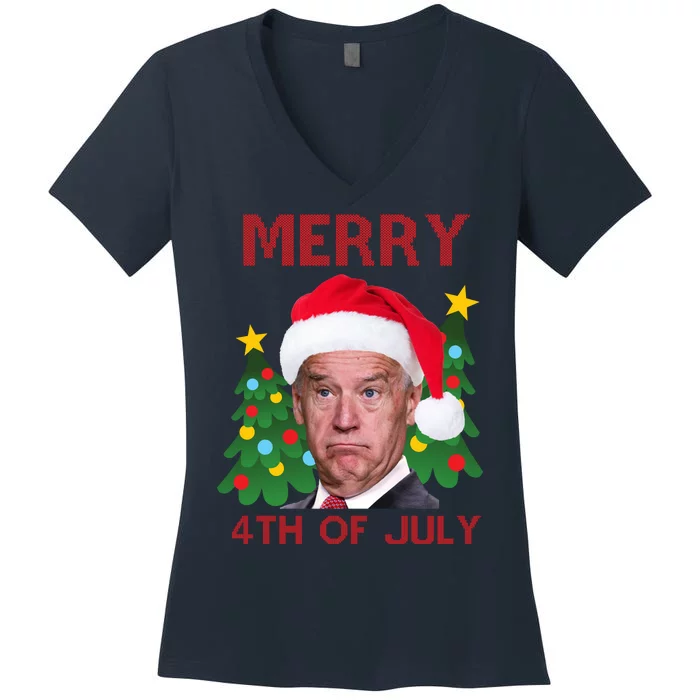 Merry 4th Of July Funny Joe Biden Ugly Christmas Women's V-Neck T-Shirt