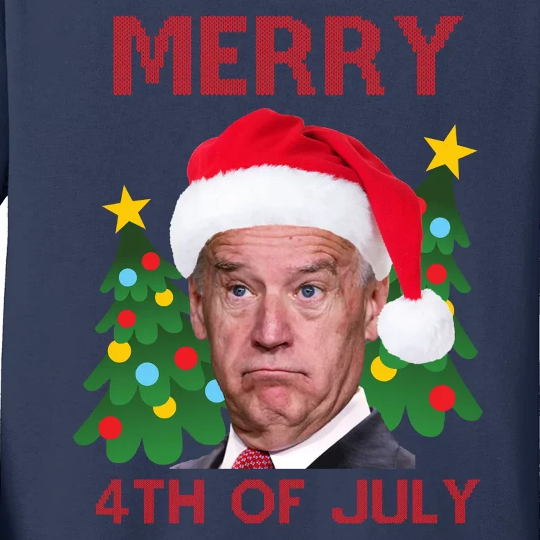 Merry 4th Of July Funny Joe Biden Ugly Christmas Kids Long Sleeve Shirt