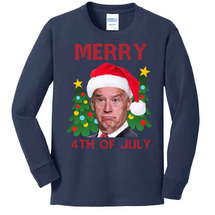 Merry 4th Of July Funny Joe Biden Ugly Christmas Kids Long Sleeve Shirt