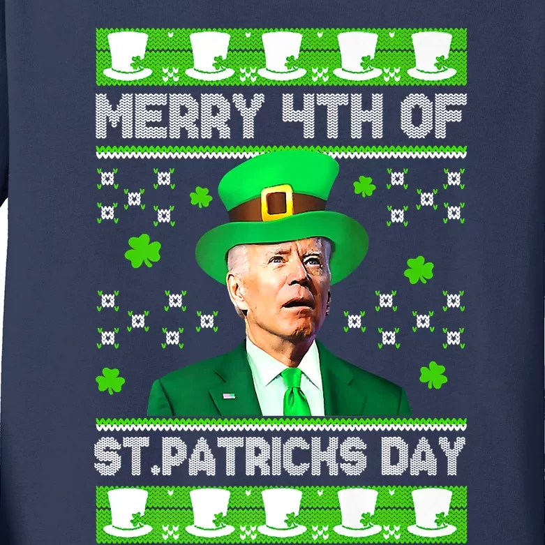 Merry 4th Of St Patricks Day Joe Biden Leprechaun Hat Clover Kids Long Sleeve Shirt