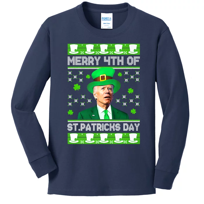 Merry 4th Of St Patricks Day Joe Biden Leprechaun Hat Clover Kids Long Sleeve Shirt