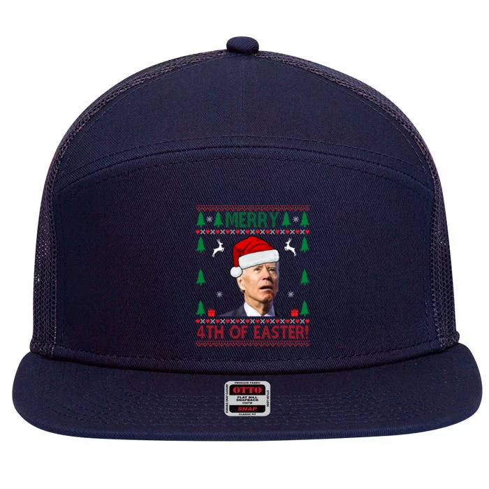 Merry 4th Of Easter Funny Joe Biden Ugly Christmas 7 Panel Mesh Trucker Snapback Hat