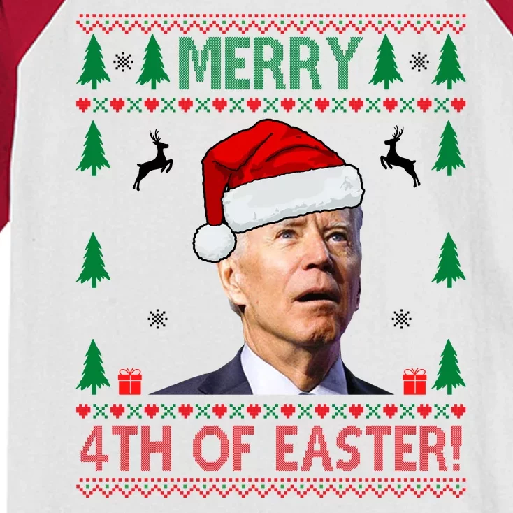 Merry 4th Of Easter Funny Joe Biden Ugly Christmas Kids Colorblock Raglan Jersey