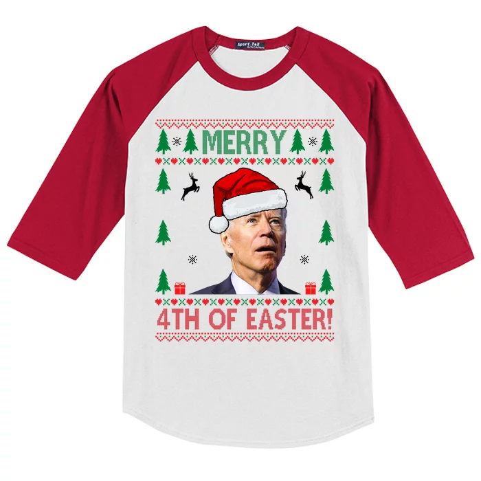 Merry 4th Of Easter Funny Joe Biden Ugly Christmas Kids Colorblock Raglan Jersey