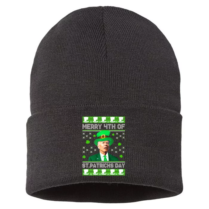 Merry 4th Of St Patricks Day Joe Biden Leprechaun Hat Clover Premium Sustainable Knit Beanie