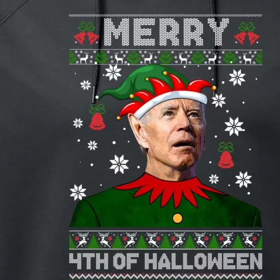 Merry 4th Of Halloween Funny Joe Biden Christmas Ugly Sweater Performance Fleece Hoodie