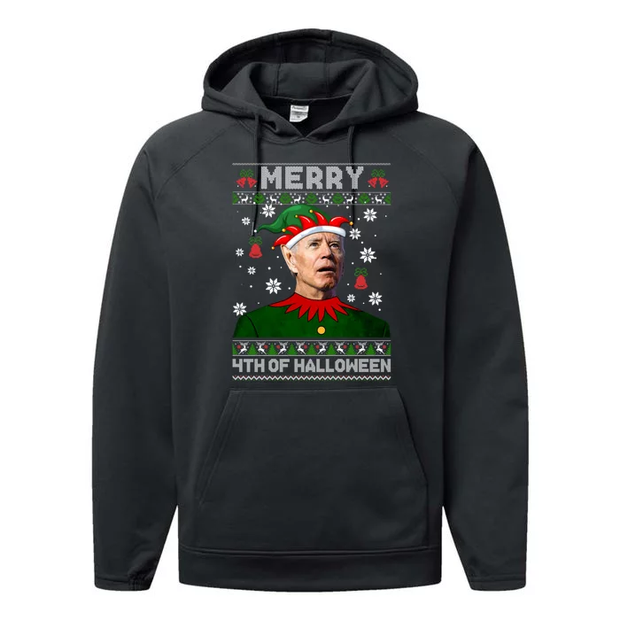 Merry 4th Of Halloween Funny Joe Biden Christmas Ugly Sweater Performance Fleece Hoodie