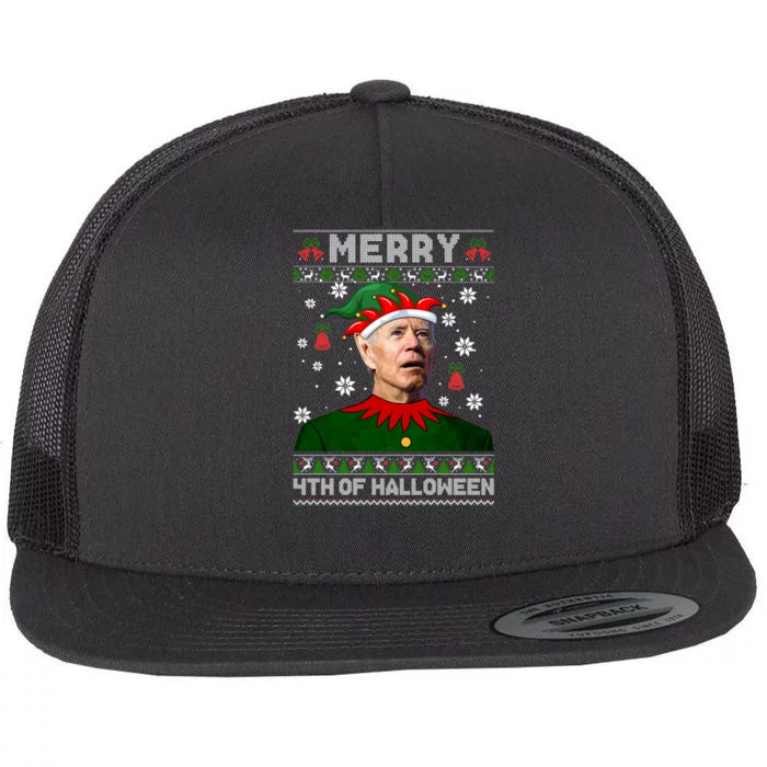 Merry 4th Of Halloween Funny Joe Biden Christmas Ugly Sweater Flat Bill Trucker Hat