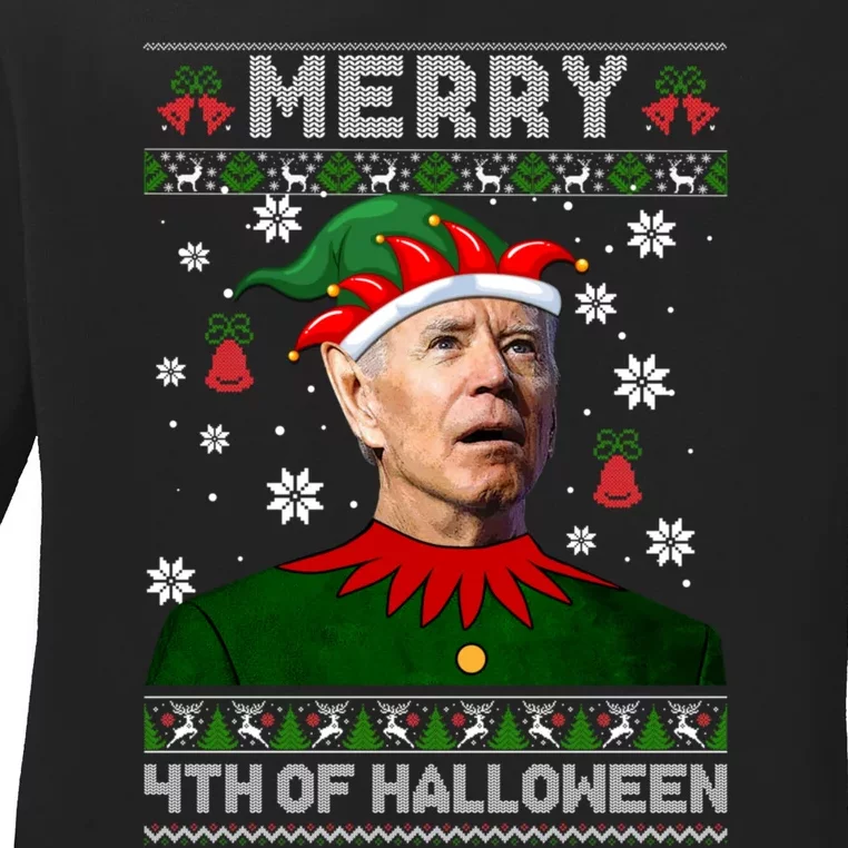 Merry 4th Of Halloween Funny Joe Biden Christmas Ugly Sweater Ladies Long Sleeve Shirt