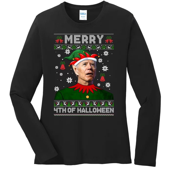 Merry 4th Of Halloween Funny Joe Biden Christmas Ugly Sweater Ladies Long Sleeve Shirt