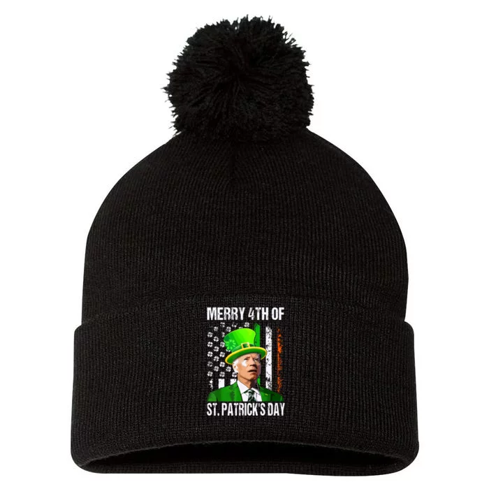 Merry 4th Of St Patricks Day Funny Joe Biden Leprechaun Hat Pom Pom 12in Knit Beanie