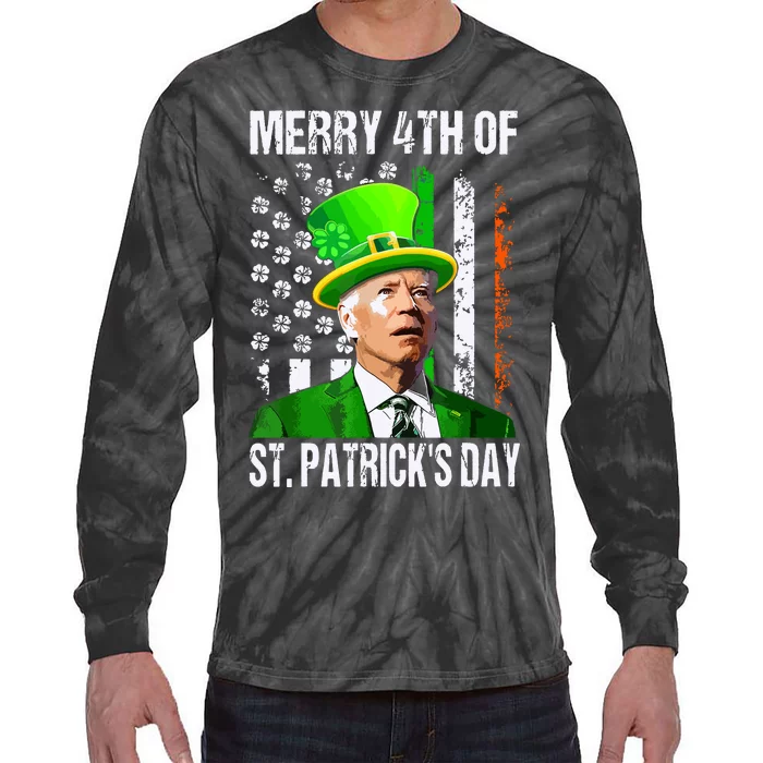 Merry 4th Of St Patricks Day Funny Joe Biden Leprechaun Hat Tie-Dye Long Sleeve Shirt