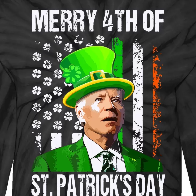 Merry 4th Of St Patricks Day Funny Joe Biden Leprechaun Hat Tie-Dye Long Sleeve Shirt