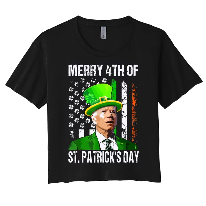 Merry 4th Of St Patricks Day Funny Joe Biden Leprechaun Hat Women's Crop Top Tee