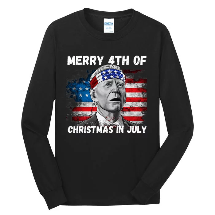 Merry 4th Of Christmas In July Funny Biden Tall Long Sleeve T-Shirt