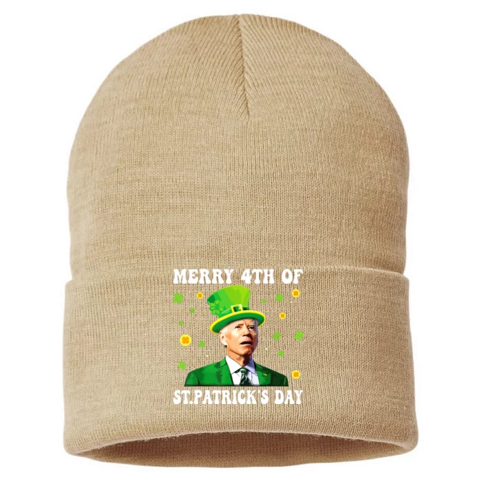 Merry 4th Of St Patricks Day Groovy Joe Biden Confused Sustainable Knit Beanie