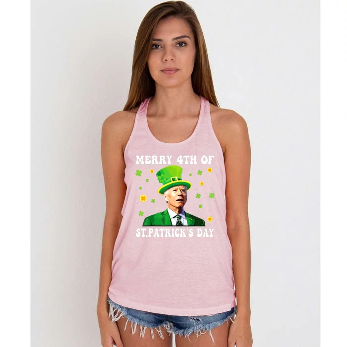 Merry 4th Of St Patricks Day Groovy Joe Biden Confused Women's Knotted Racerback Tank