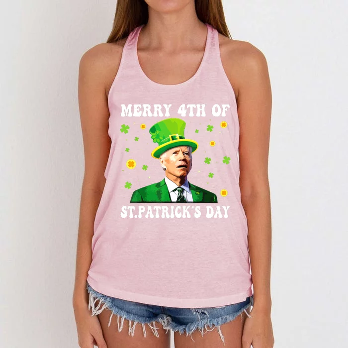 Merry 4th Of St Patricks Day Groovy Joe Biden Confused Women's Knotted Racerback Tank