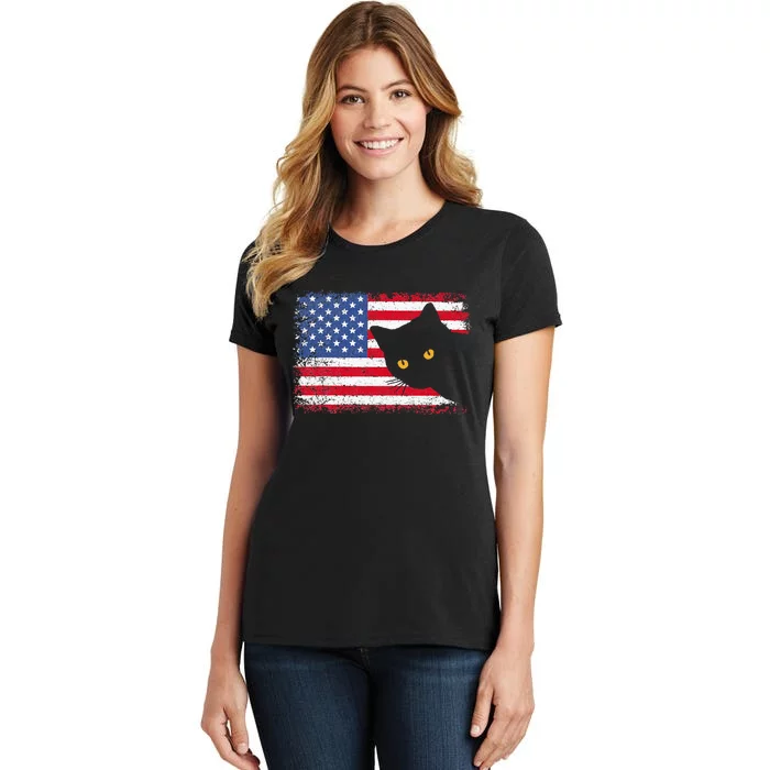 Meowica 4th of July Cat American Flag America USA Funny Women's T-Shirt