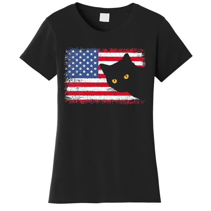 Meowica 4th of July Cat American Flag America USA Funny Women's T-Shirt