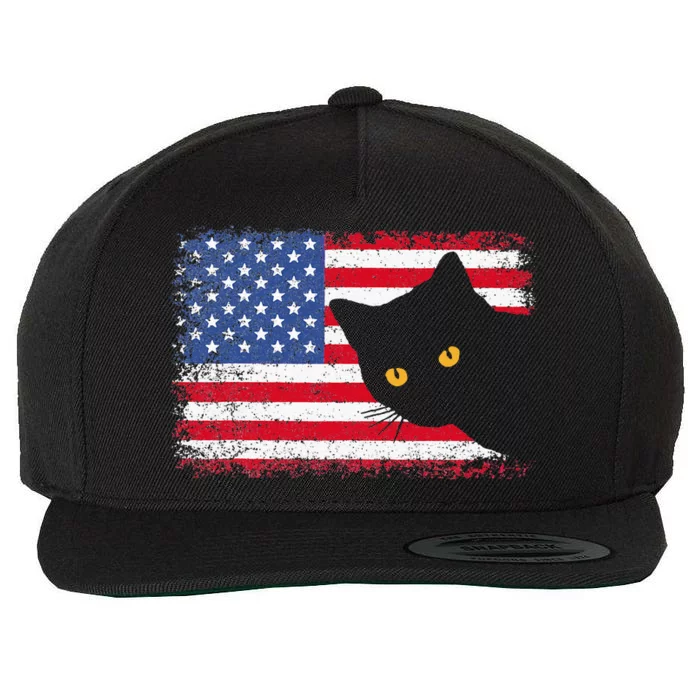 Meowica 4th of July Cat American Flag America USA Funny Wool Snapback Cap