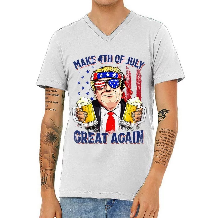 Make 4th Of July Great Again Trump Drinking Beer V-Neck T-Shirt