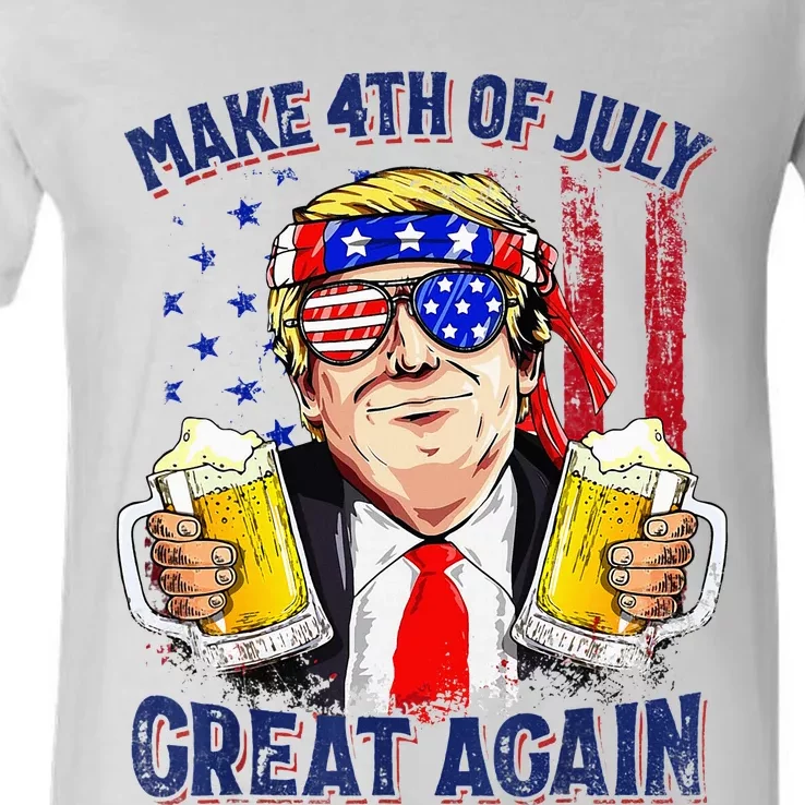 Make 4th Of July Great Again Trump Drinking Beer V-Neck T-Shirt