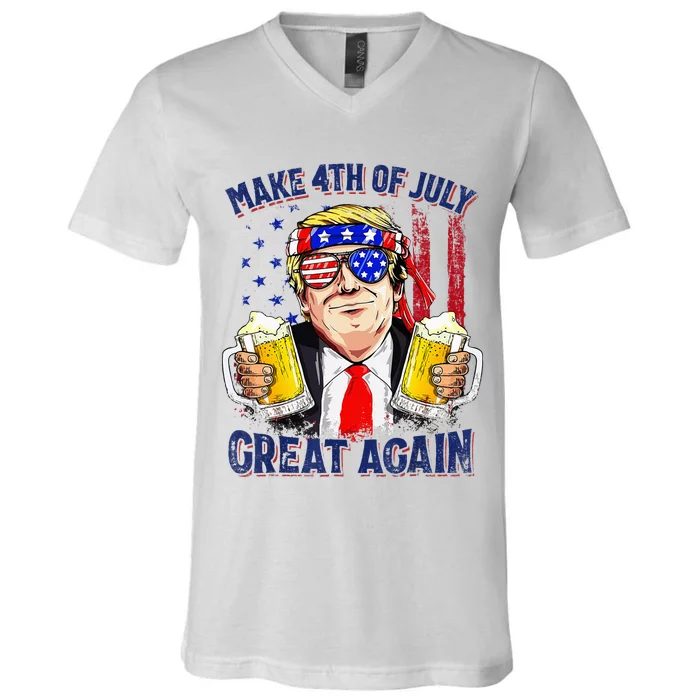 Make 4th Of July Great Again Trump Drinking Beer V-Neck T-Shirt