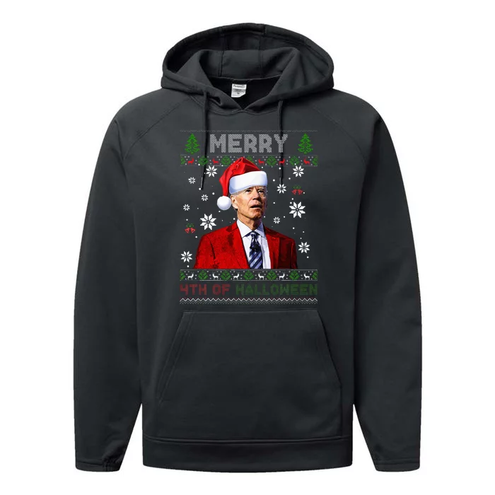 Merry 4th Of Halloween Funny Biden Ugly Christmas Sweater Performance Fleece Hoodie