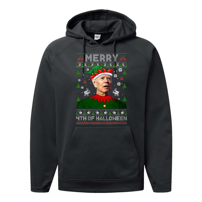 Merry 4th Of Halloween Joe Biden Christmas Ugly Sweater Performance Fleece Hoodie