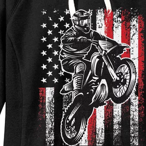 Motocross 4th Of July Cool Dirt-Bike American Flag Patriotic Women's Fleece Hoodie