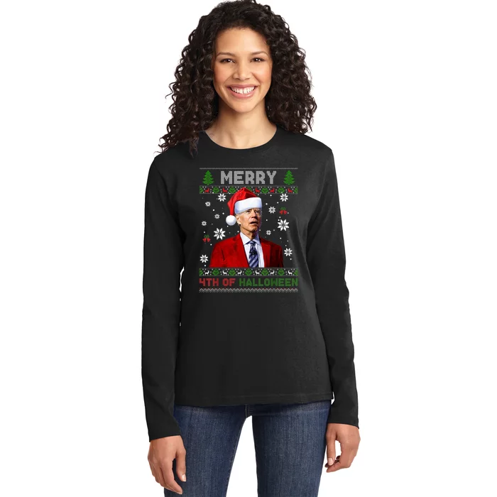 Merry 4th Of Halloween Funny Biden Ugly Christmas Sweater Ladies Long Sleeve Shirt