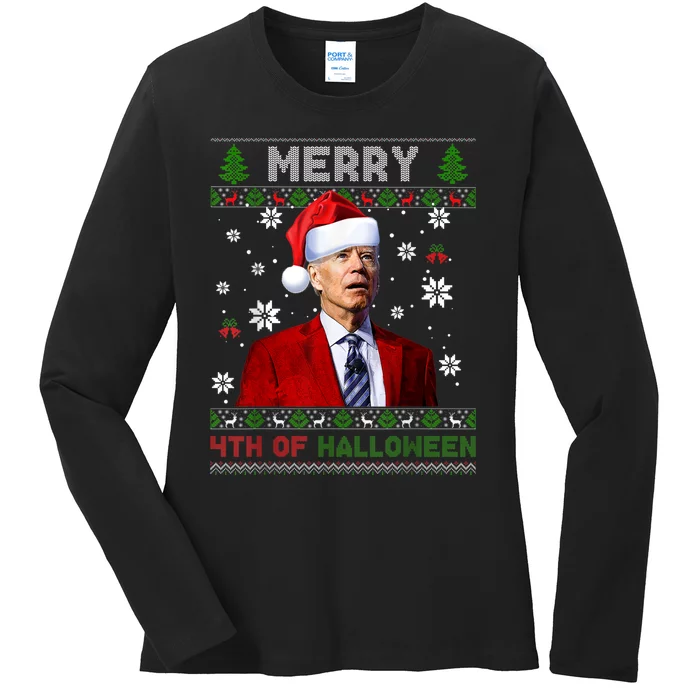 Merry 4th Of Halloween Funny Biden Ugly Christmas Sweater Ladies Long Sleeve Shirt