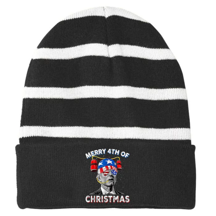 Merry 4th Of Christmas Funny Joe Biden Confused 4th Of July Striped Beanie with Solid Band