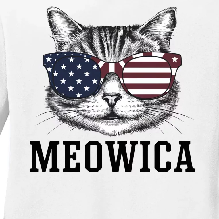 Meowica 4th Of July Cat American Flag Usa Dad Mom Ladies Long Sleeve Shirt