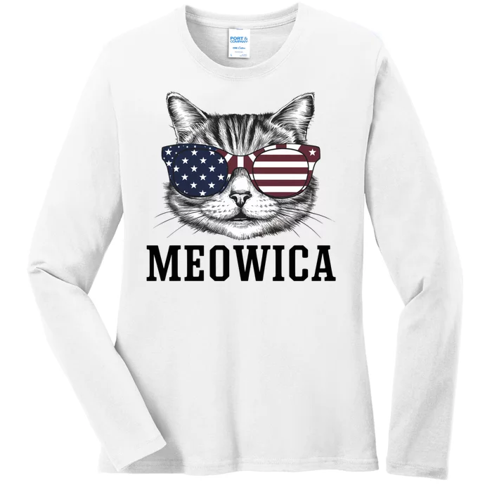 Meowica 4th Of July Cat American Flag Usa Dad Mom Ladies Long Sleeve Shirt