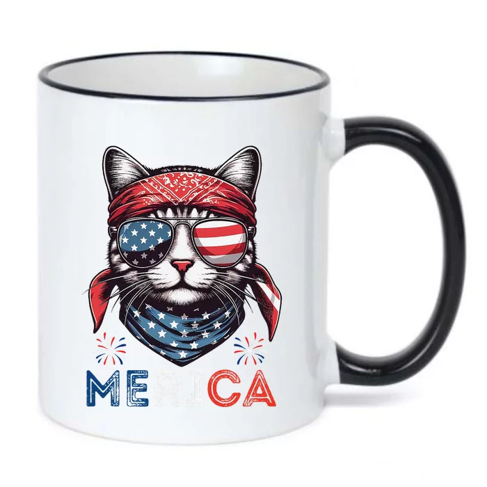 Merica 4th Of July Patriotic Cat Usa Flag Independence Funny Black Color Changing Mug