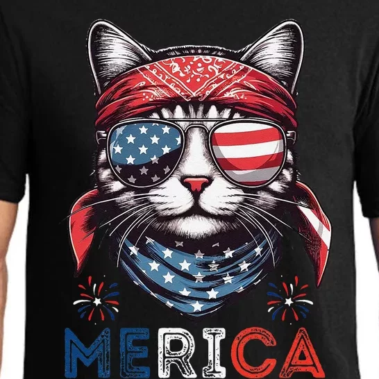 Merica 4th Of July Patriotic Cat Usa Flag Independence Funny Pajama Set