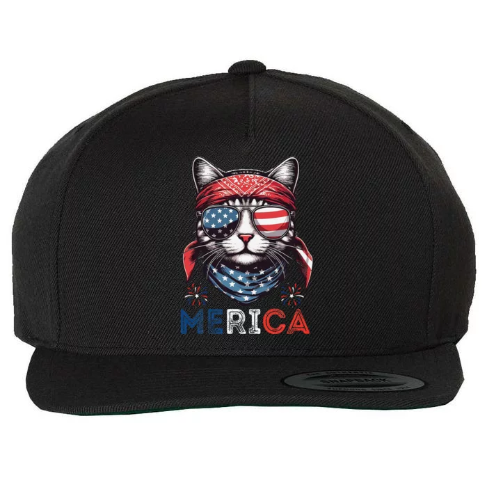 Merica 4th Of July Patriotic Cat Usa Flag Independence Funny Wool Snapback Cap