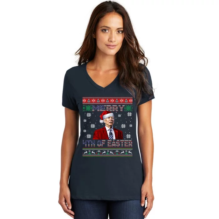 Merry 4th Of Easter Funny Joe Biden Christmas Ugly Sweater Women's V-Neck T-Shirt