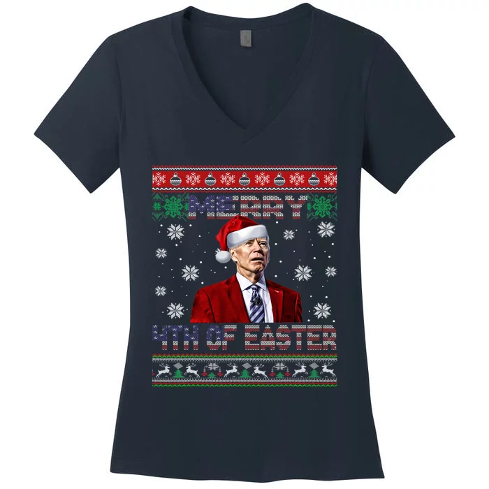 Merry 4th Of Easter Funny Joe Biden Christmas Ugly Sweater Women's V-Neck T-Shirt