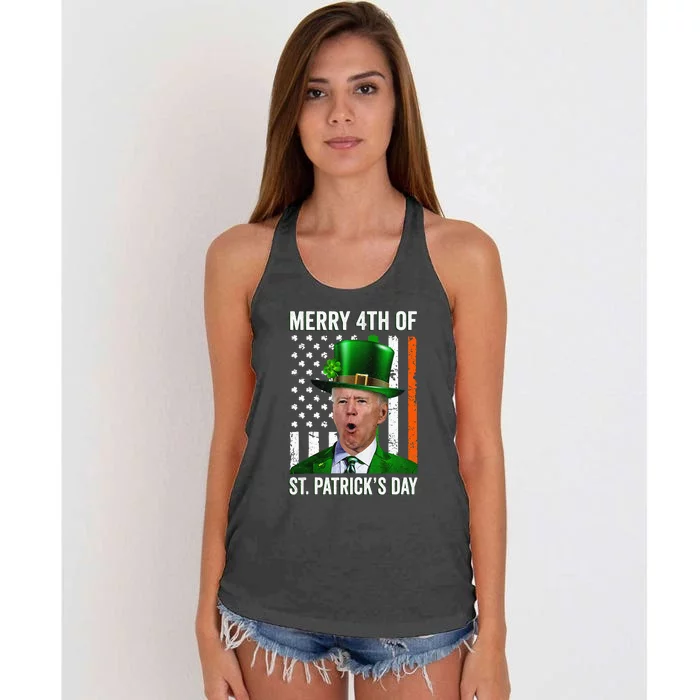 Merry 4th Of St Patrick's Day Joe Biden Leprechaun Hat Women's Knotted Racerback Tank