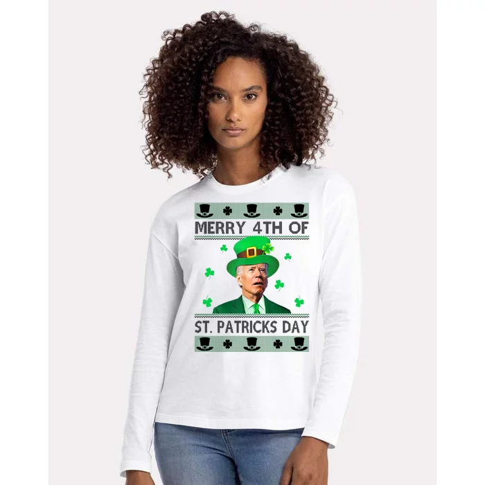 Merry 4th Of St Patrick's Day Funny Confused Joe Biden Womens Cotton Relaxed Long Sleeve T-Shirt