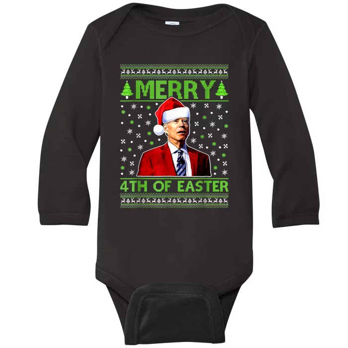 Merry 4th Of Easter Funny Biden Christmas Ugly Sweater Baby Long Sleeve Bodysuit